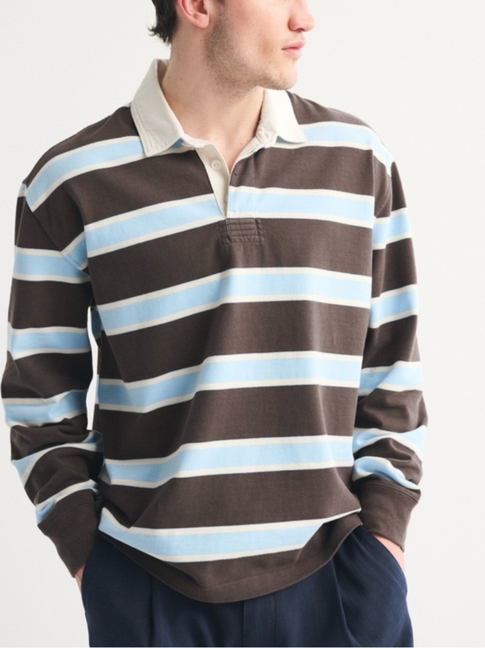 Abercrombie Long Sleeve Rugby Polo Shirt M Brown Blue Stripe Oversized NWT